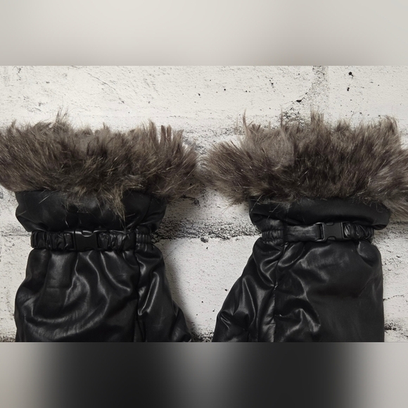 Indigo Black Faux Fur Trim Mittens Warm Winter Snow Gloves Cozy S/M - Picture 3 of 7